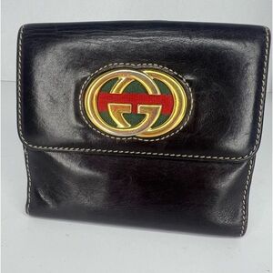 🖤Gucci Black Patent Leather Britt Web Sherry Line Bifold Compact Wallet♥️